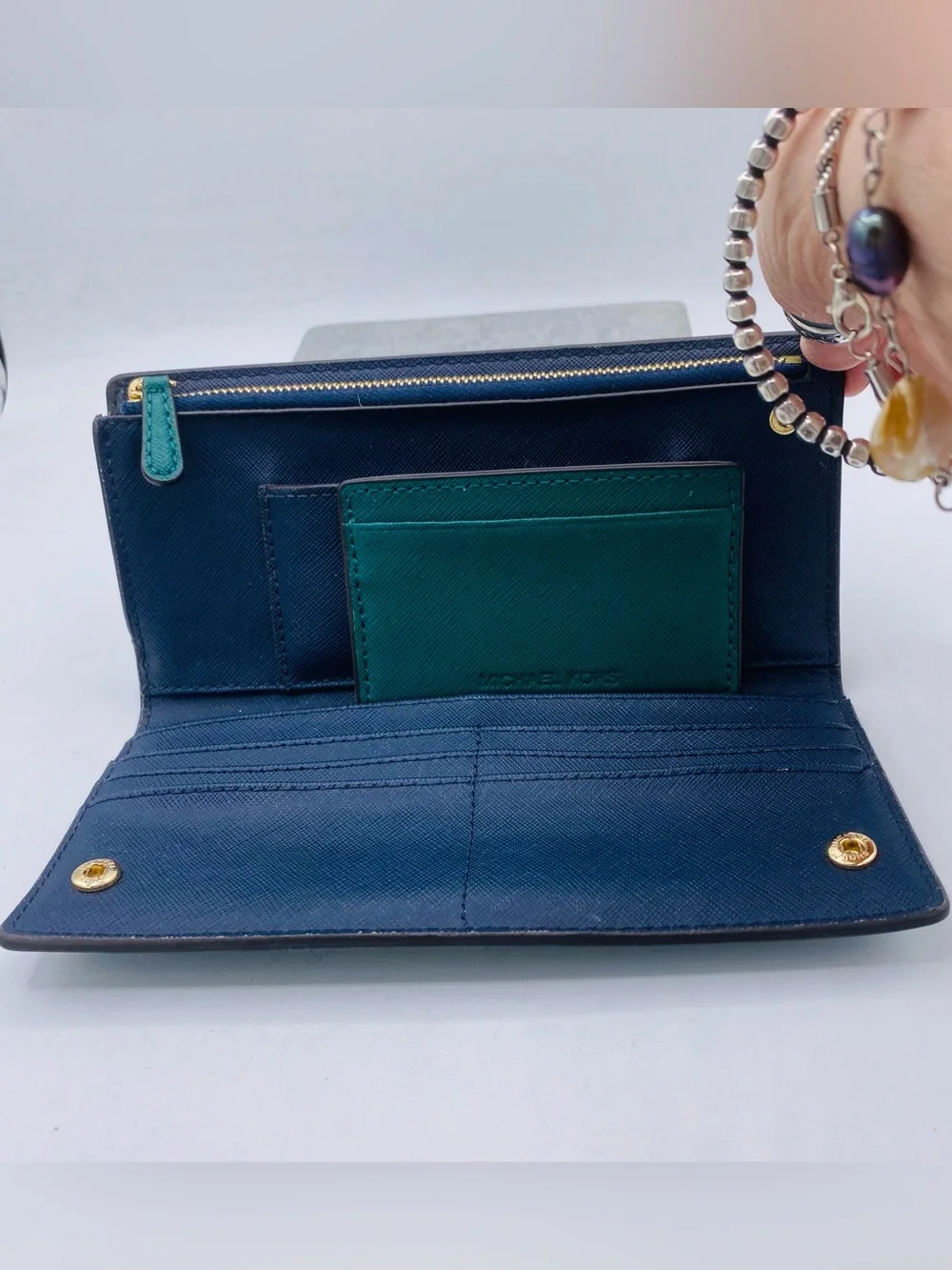 Michael Kors Teal Saffiano Leather Jet Set Travel Wallet with Gold Logo